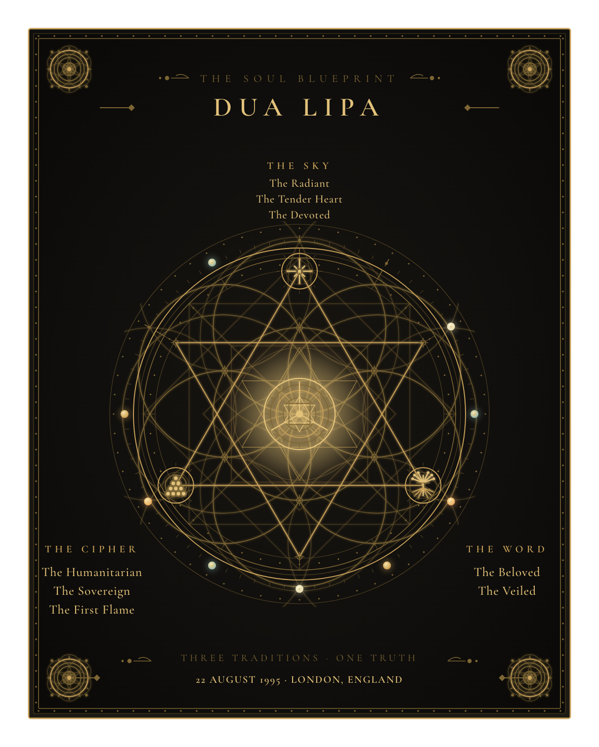 The Soul Blueprint Seal of Dua Lipa — a generative sigil of Dua Lipa's chart, numerology, and name