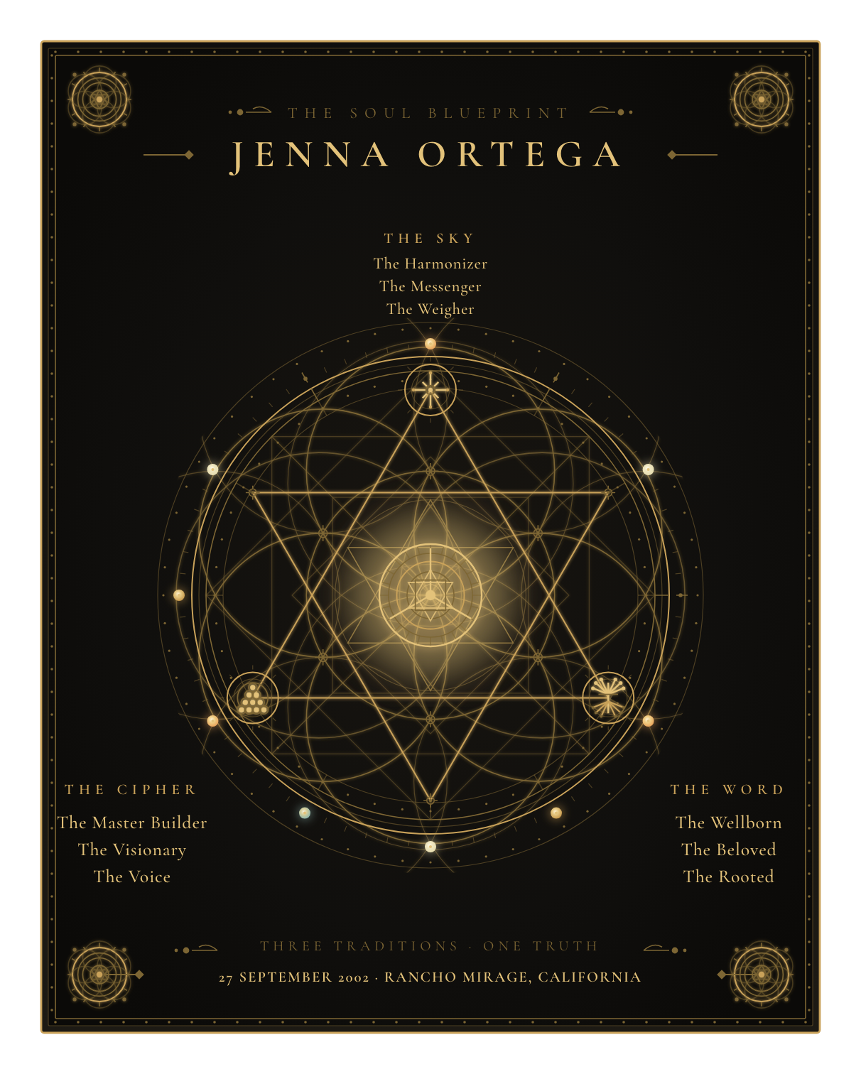 The Soul Blueprint Seal of Jenna Ortega — a generative sigil of Jenna Ortega's chart, numerology, and name
