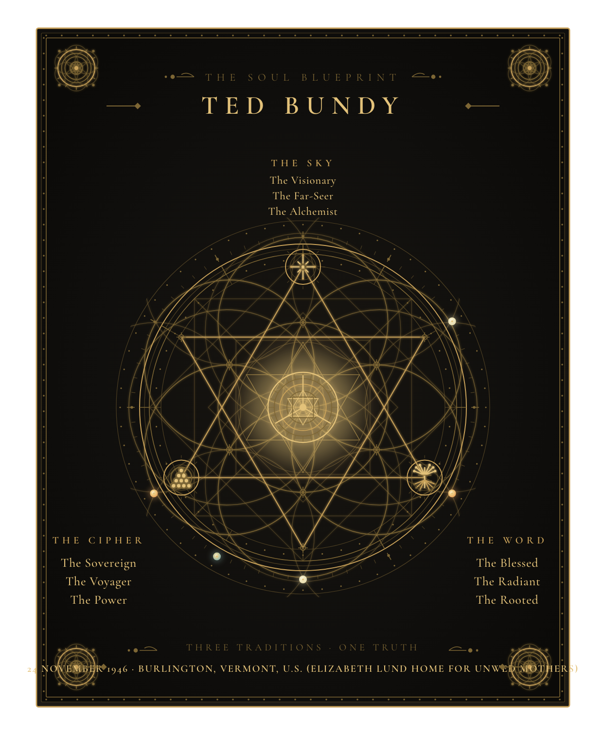 The Soul Blueprint Seal of Ted Bundy — a generative sigil of Ted Bundy's chart, numerology, and name