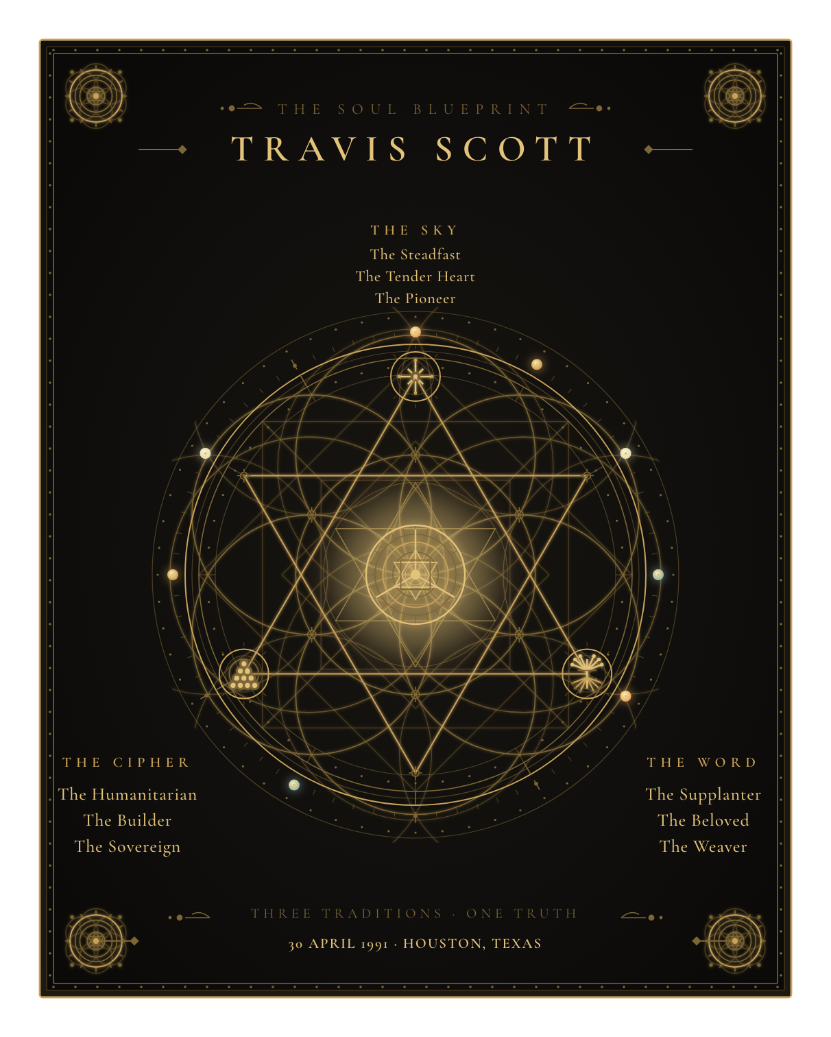 The Soul Blueprint Seal of Travis Scott — a generative sigil of Travis Scott's chart, numerology, and name