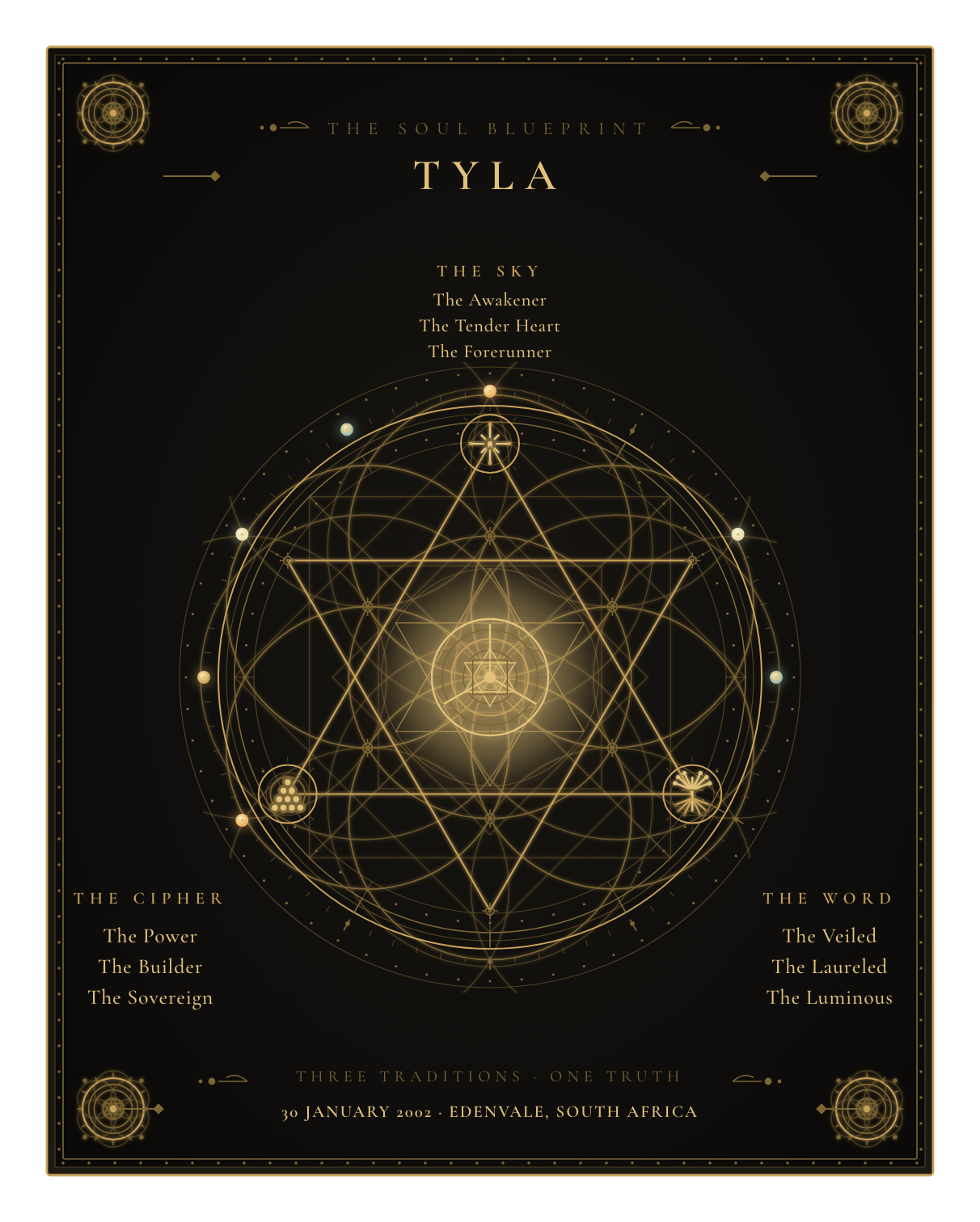 The Soul Blueprint Seal of Tyla — a generative sigil of Tyla's chart, numerology, and name