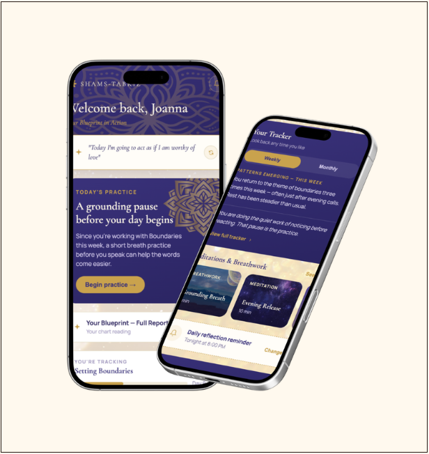 The Evolution app on two phones: a welcome screen with today's practice, and a personal tracker