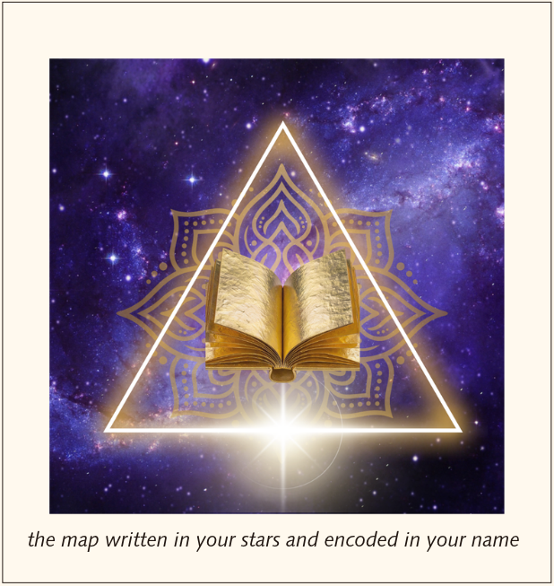 The Code: a golden open book inside a glowing triangle over a mandala and a starry sky. The map written in your stars and encoded in your name