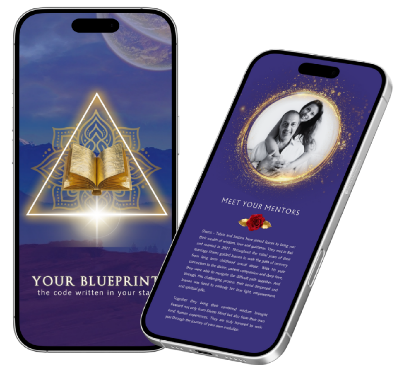 The Evolution app on two phones: Your Blueprint, and Meet Your Mentors